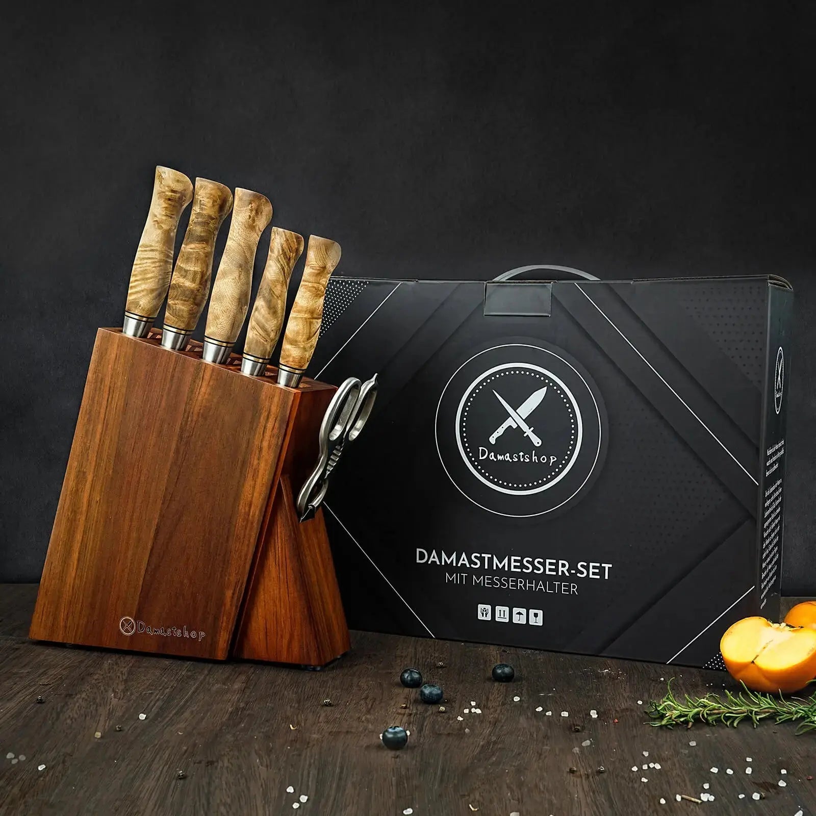 Damast Messer 5er Set Bergahorn im Akazien Messerblock mit Schere damastop.shop - Damastshop