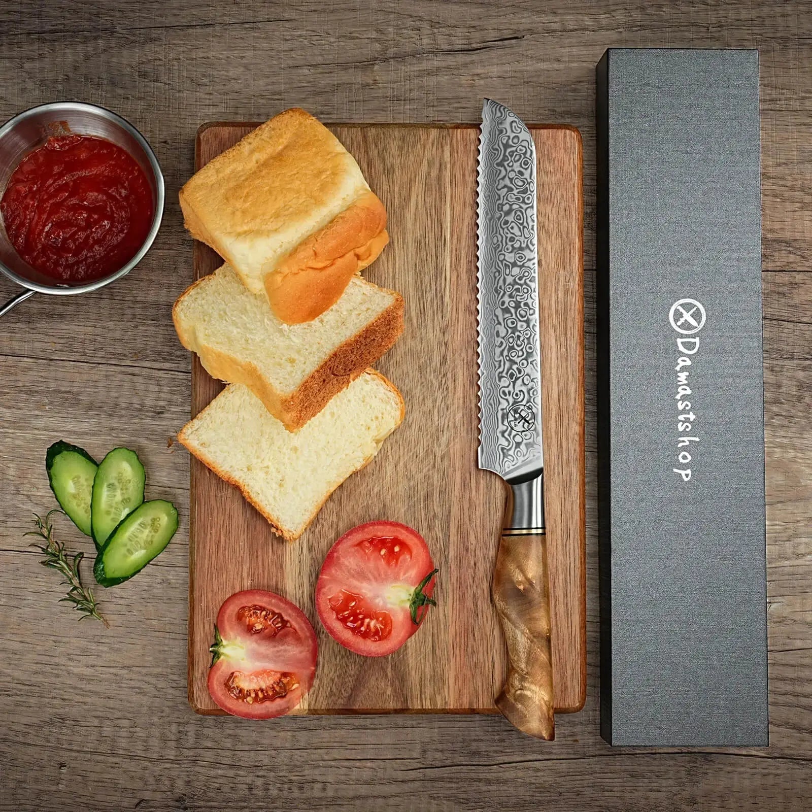 Damast Messer 5er Set Bergahorn im Akazien Messerblock mit Schere damastop.shop - Damastshop