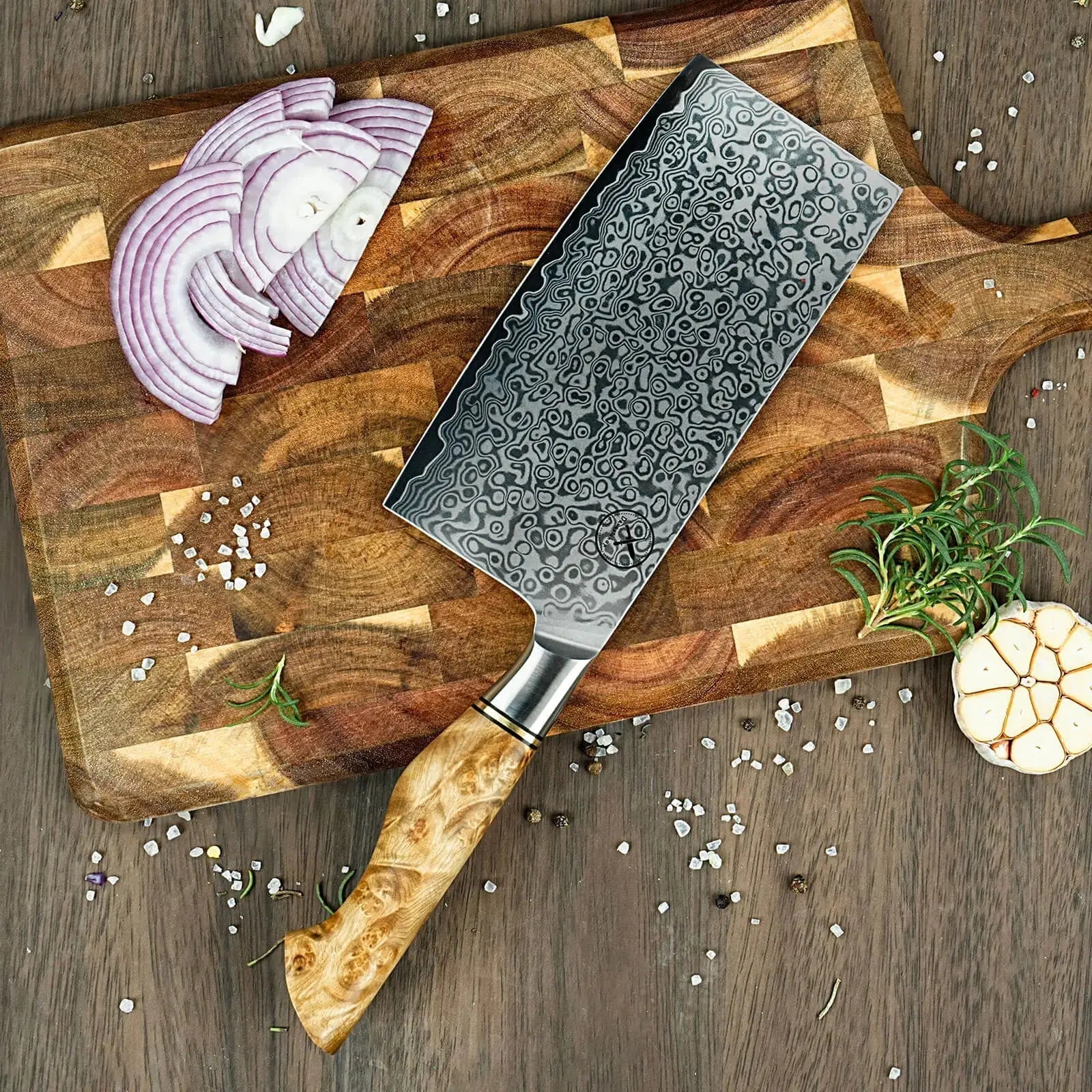 Damast Hackmesser 5er Set Bergahorn mit Messerbrett damastop.shop - Damastshop