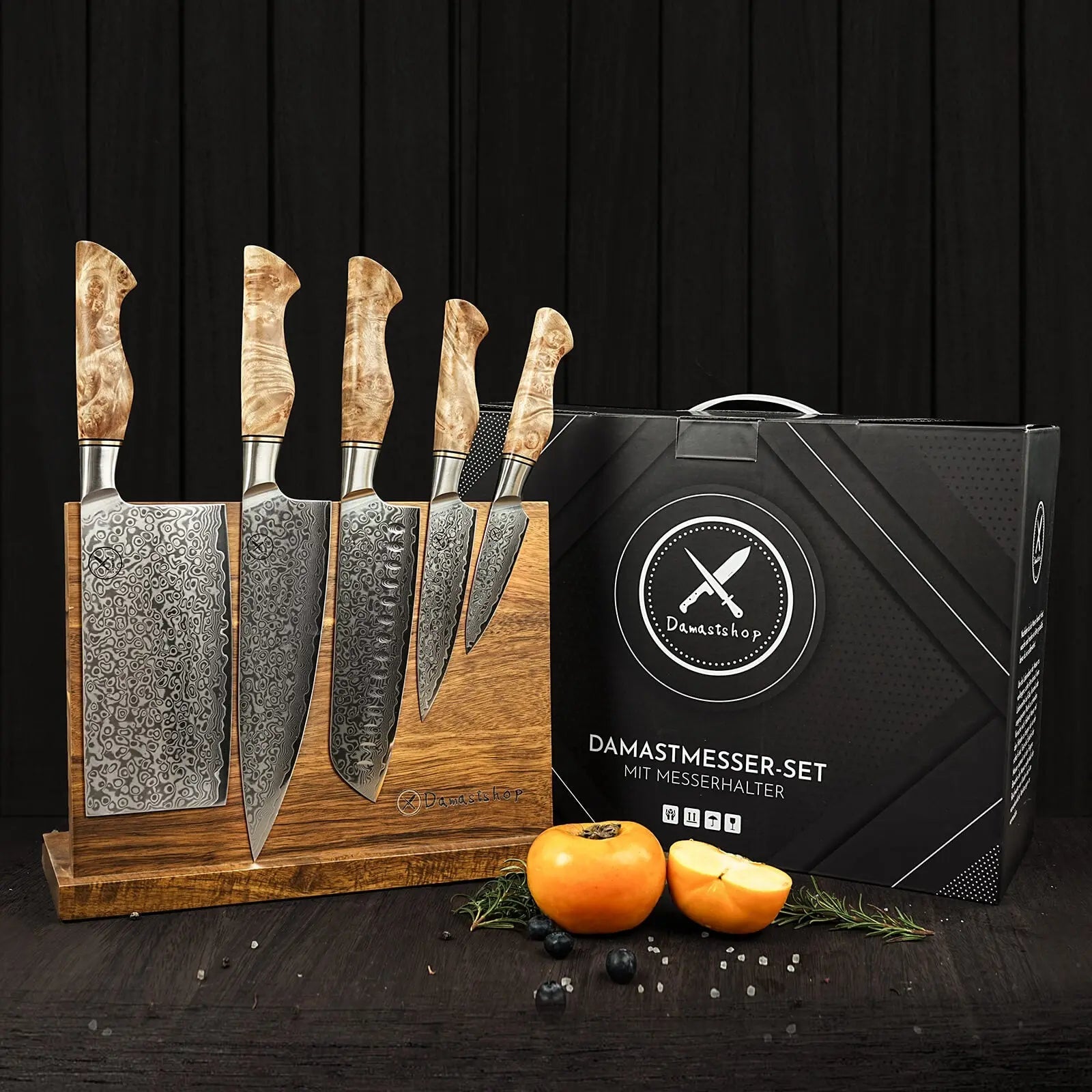 Damast Hackmesser 5er Set Bergahorn mit Messerbrett damastop.shop - Damastshop