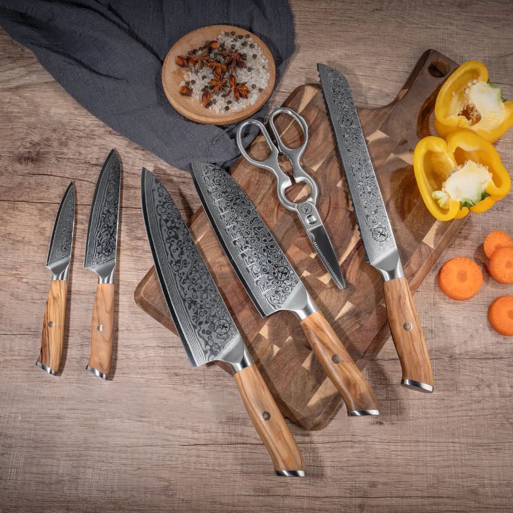 Damast Messer 5er Geschenkset Olive im Akazien Messerblock mit Schere damastop.shop - Damastshop