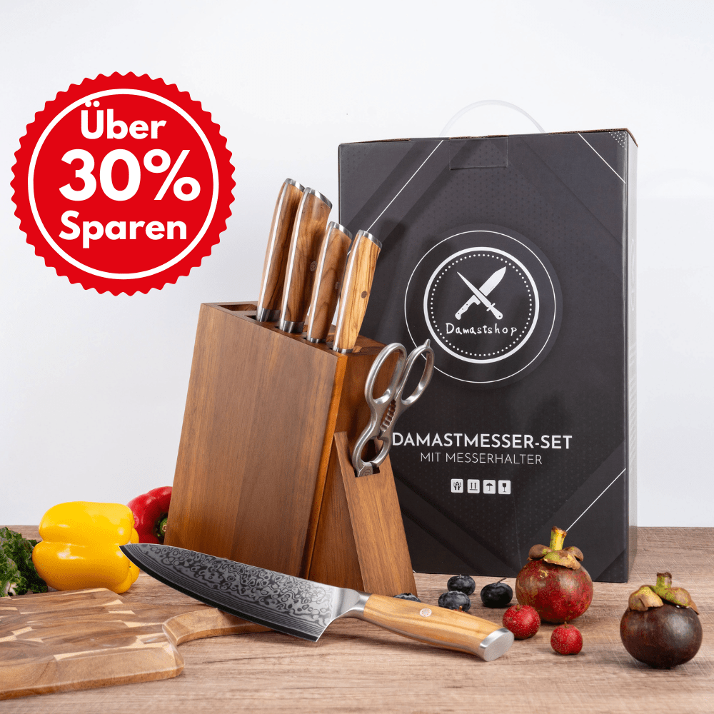 Damast Messer 5er Geschenkset Olive im Akazien Messerblock mit Schere damastop.shop - Damastshop