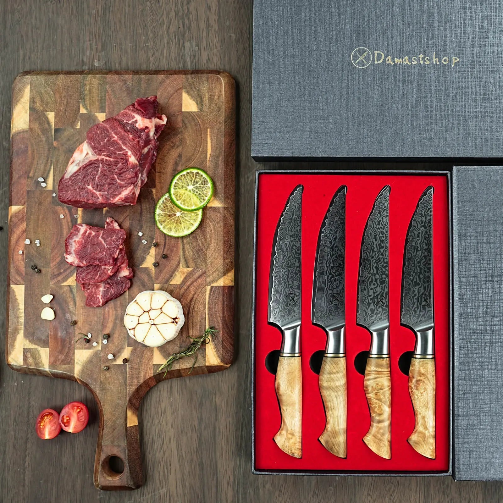 Damast Steakmesser Bergahorn 4er Geschenkset damastop.shop - Damastshop