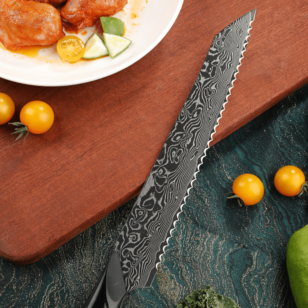 Dark Black Damast Brotmesser Wurzelholz Epoxy damastop.shop - Damastshop