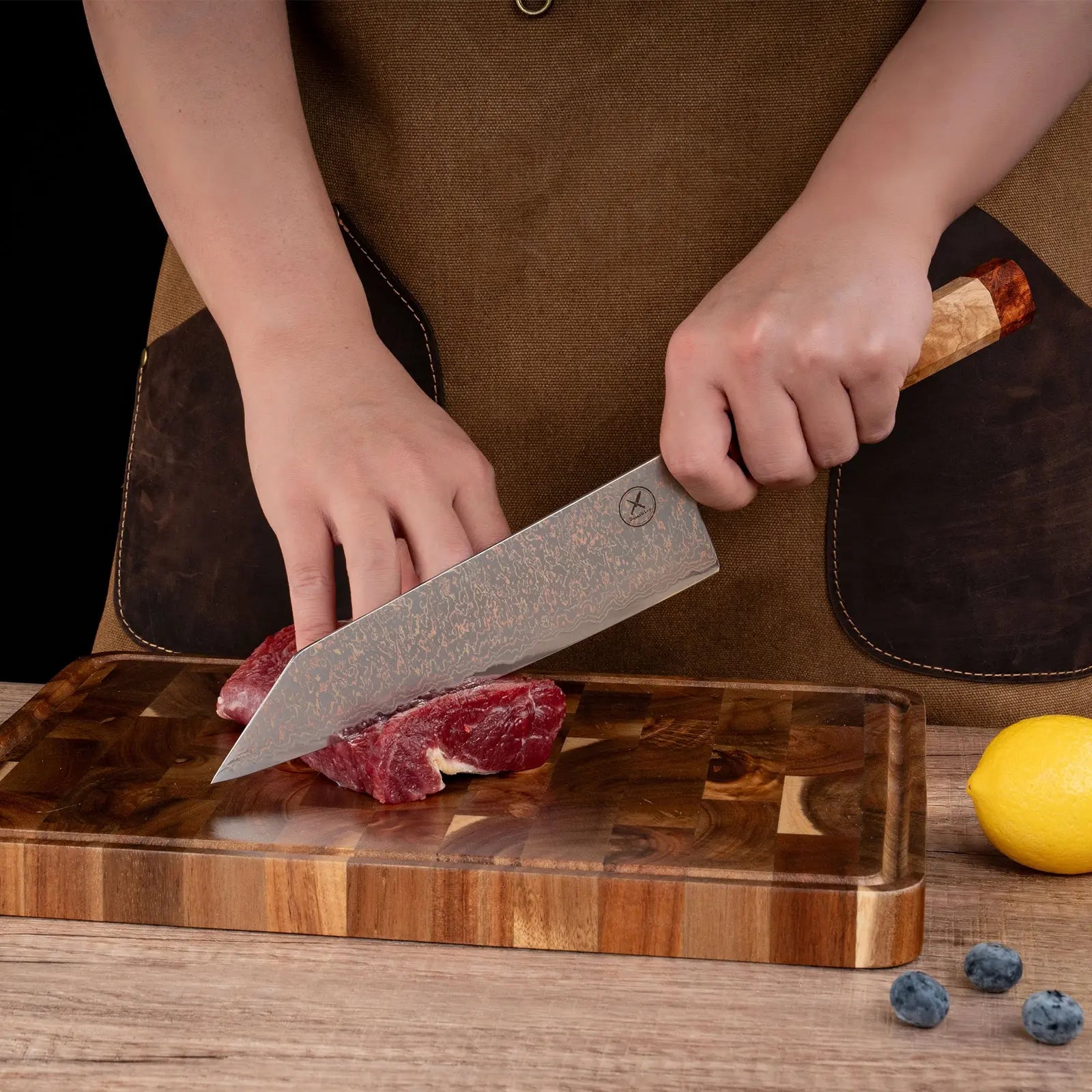 Dreifarbiges Kupfer-Damast Bunka Messer Bergahorn und Padauk Wurzelholz damastop.shop - Damastshop