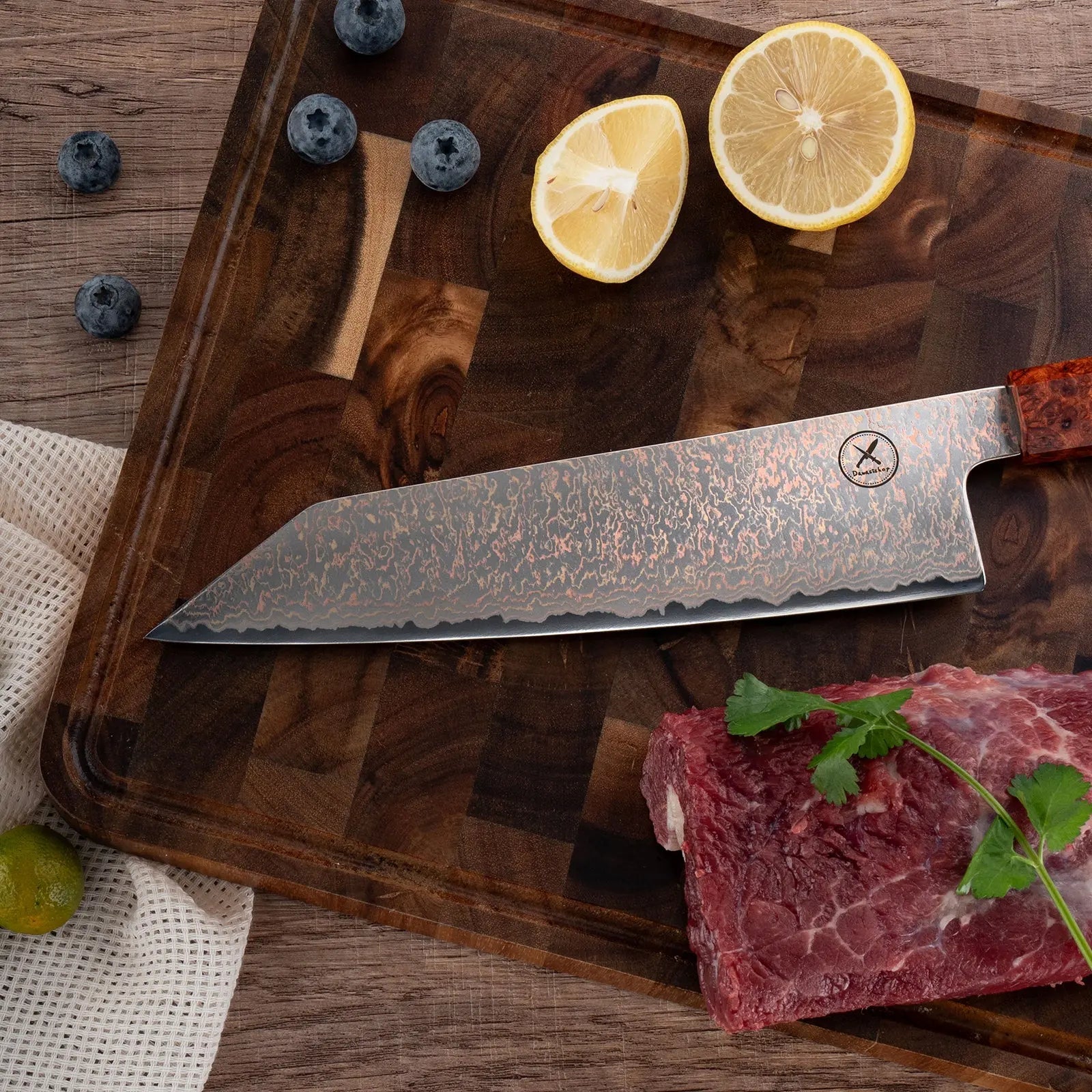 Dreifarbiges Kupfer-Damast Bunka Messer Bergahorn und Padauk Wurzelholz damastop.shop - Damastshop