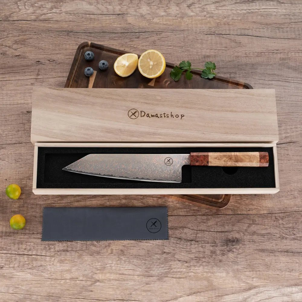Dreifarbiges Kupfer-Damast Bunka Messer Bergahorn und Padauk Wurzelholz damastop.shop - Damastshop