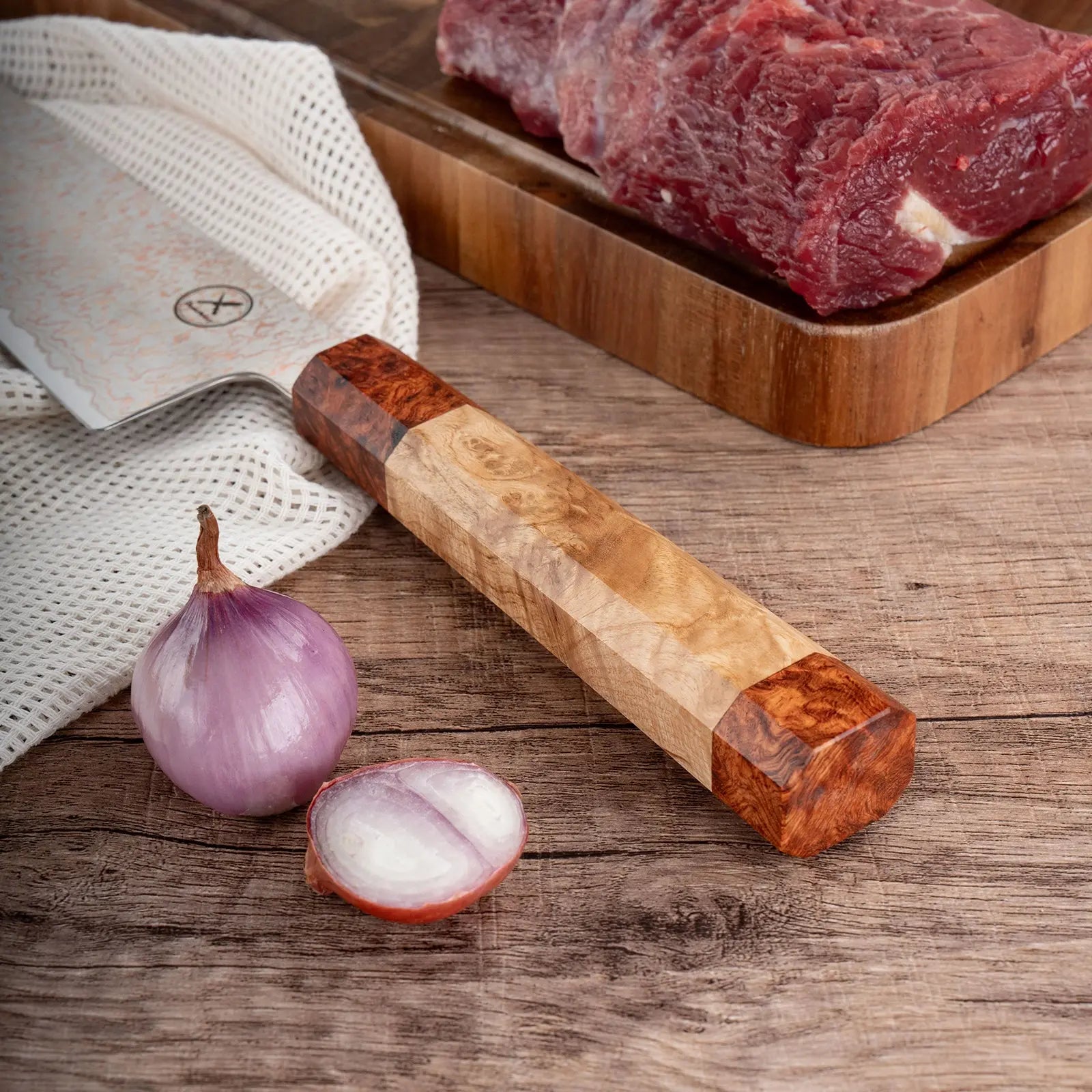 Dreifarbiges Kupfer-Damast Bunka Messer Bergahorn und Padauk Wurzelholz damastop.shop - Damastshop