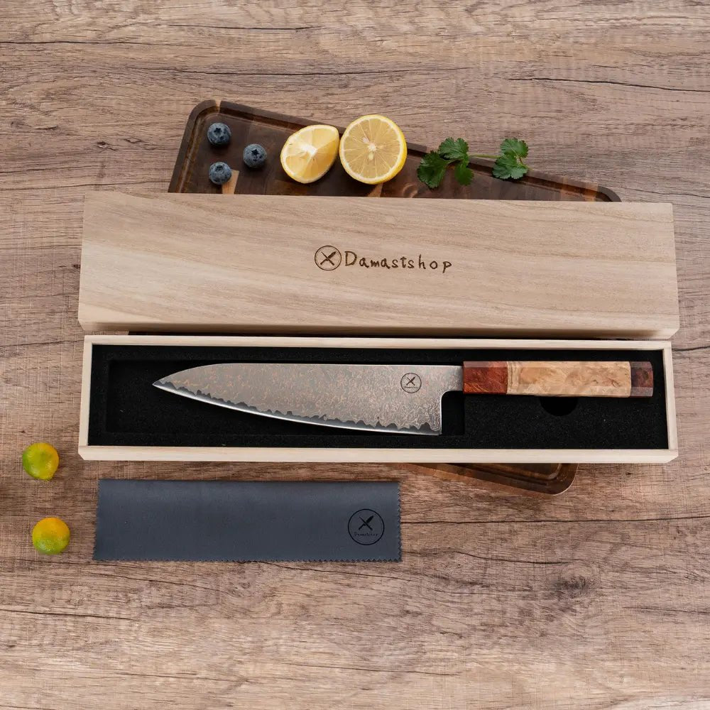 Dreifarbiges Kupfer-Damast Chefmesser Bergahorn und Padauk Wurzelholz damastop.shop - Damastshop
