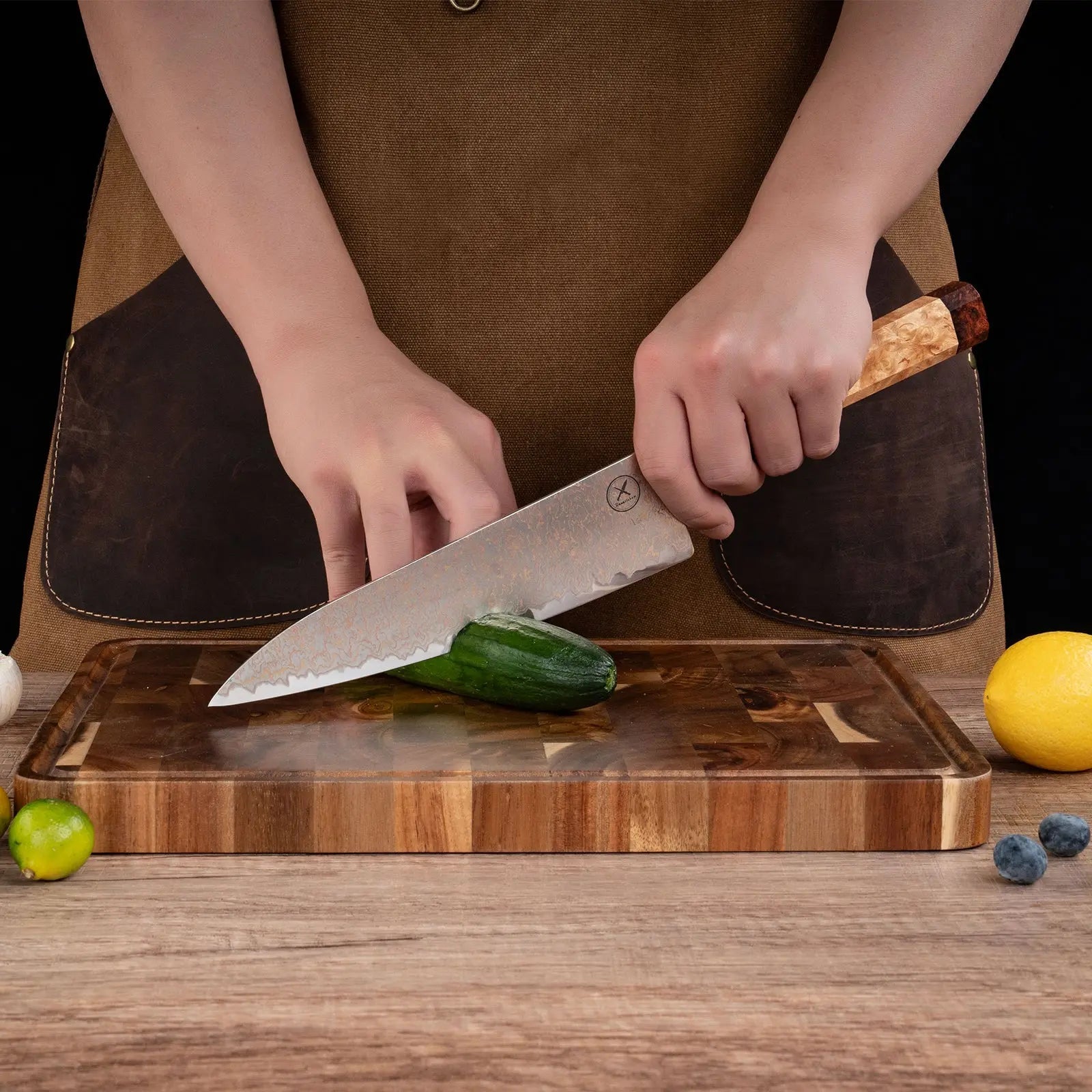 Dreifarbiges Kupfer-Damast Chefmesser Bergahorn und Padauk Wurzelholz damastop.shop - Damastshop