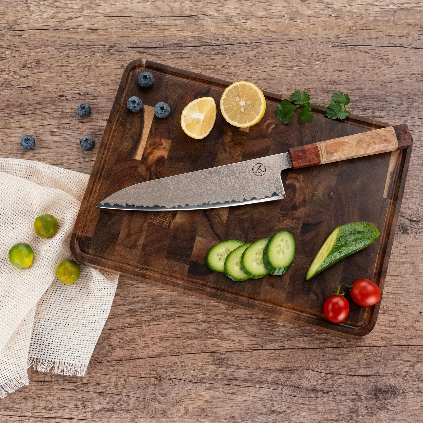 Dreifarbiges Kupfer-Damast Chefmesser Bergahorn und Padauk Wurzelholz damastop.shop - Damastshop