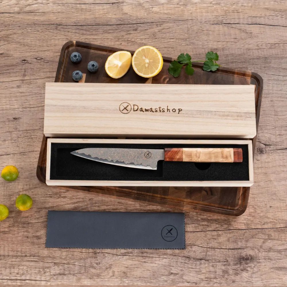 Dreifarbiges Kupfer-Damast Universalmesser Bergahorn und Padauk Wurzelholz damastop.shop - Damastshop