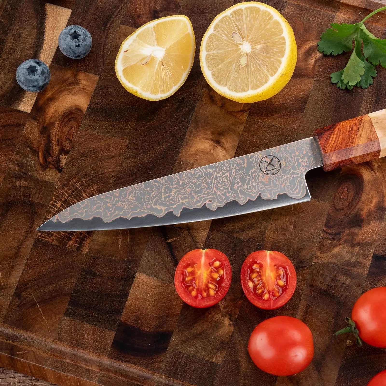 Dreifarbiges Kupfer-Damast Universalmesser Bergahorn und Padauk Wurzelholz damastop.shop - Damastshop
