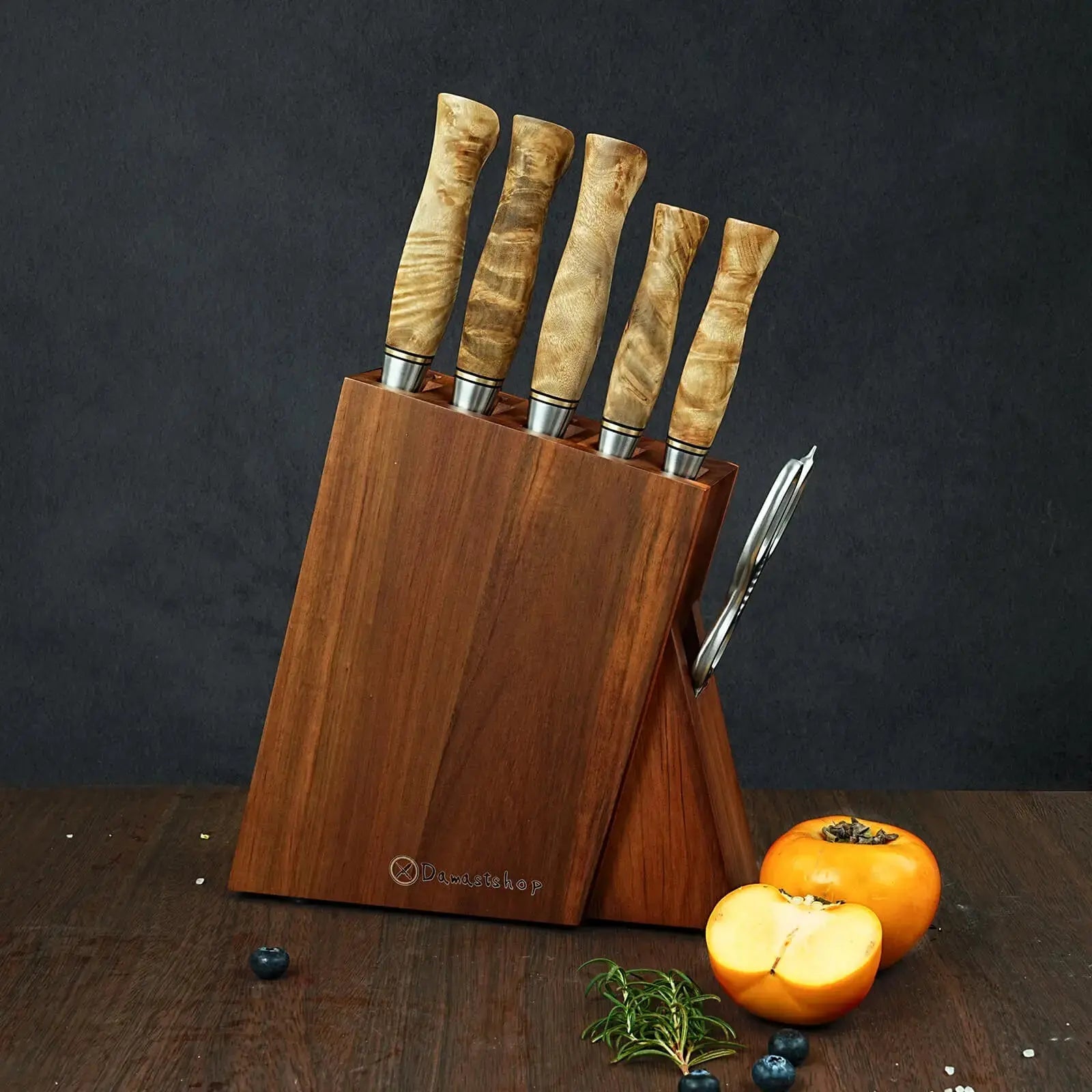 Damast Messer 5er Set Bergahorn im Akazien Messerblock mit Schere damastop.shop - Damastshop