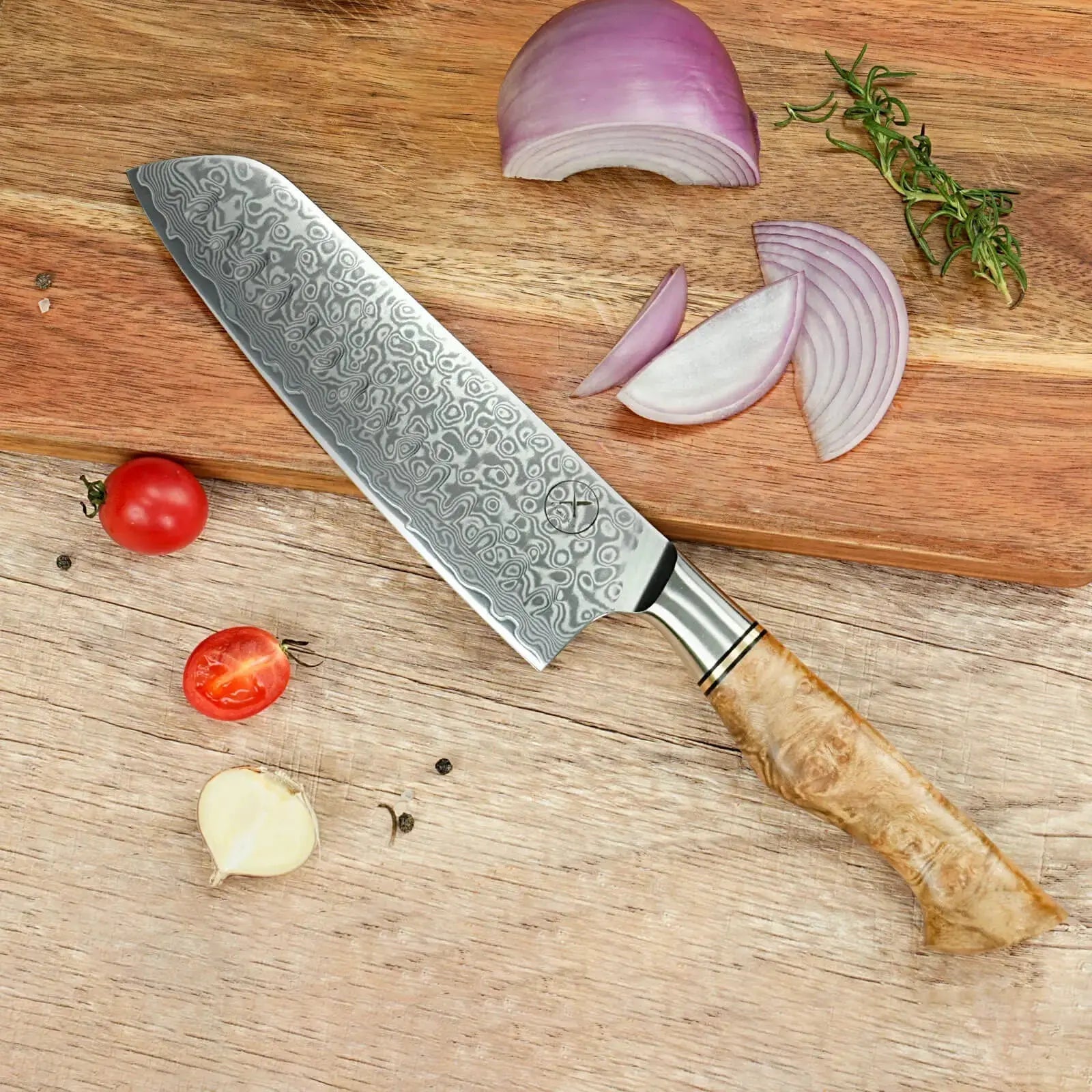 Damast Hackmesser 5er Set Bergahorn mit Messerbrett damastop.shop - Damastshop