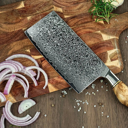 Damast Hackmesser 5er Set Bergahorn mit Messerbrett damastop.shop - Damastshop