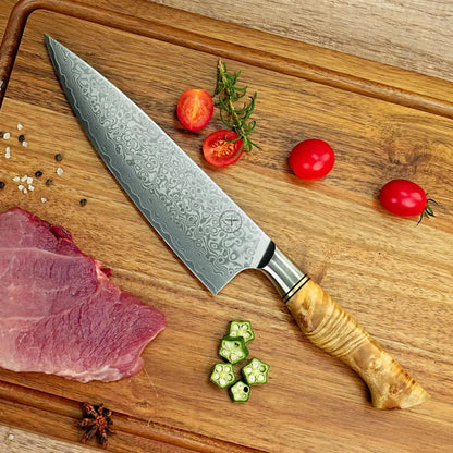 Damast Hackmesser 5er Set Bergahorn mit Messerbrett damastop.shop - Damastshop