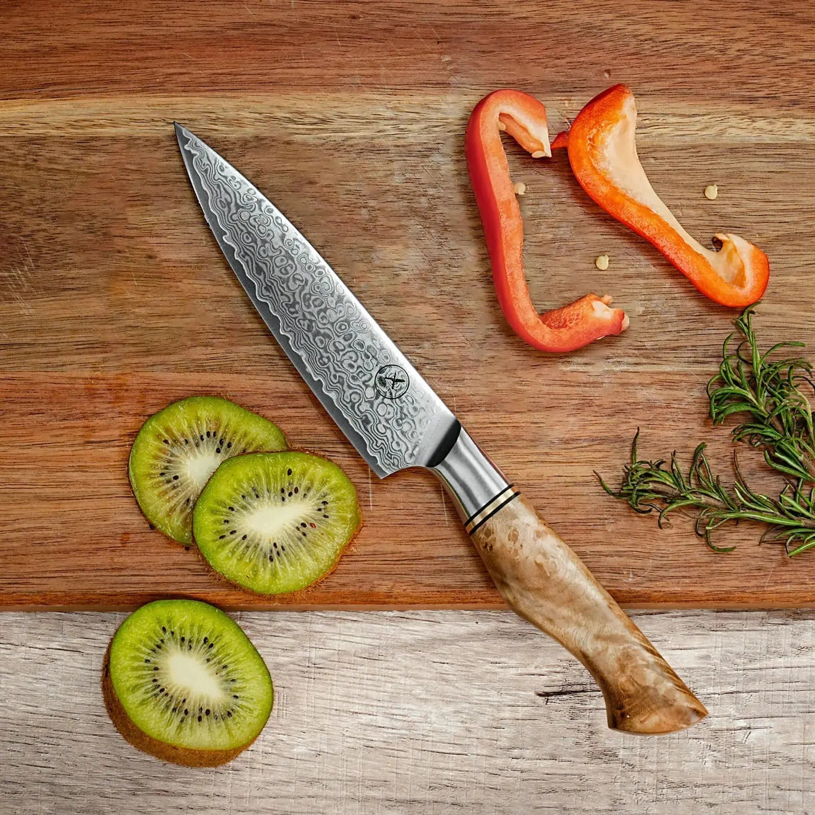 Damast Hackmesser 5er Set Bergahorn mit Messerbrett damastop.shop - Damastshop