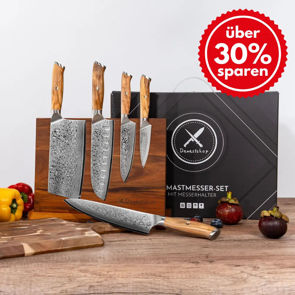 Damast Messer 5er Geschenkset Olive mit Messerbrett damastop.shop - Damastshop