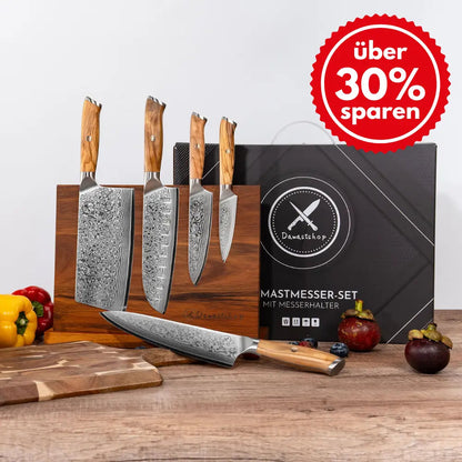 Damast Messer 5er Geschenkset Olive mit Messerbrett damastop.shop - Damastshop