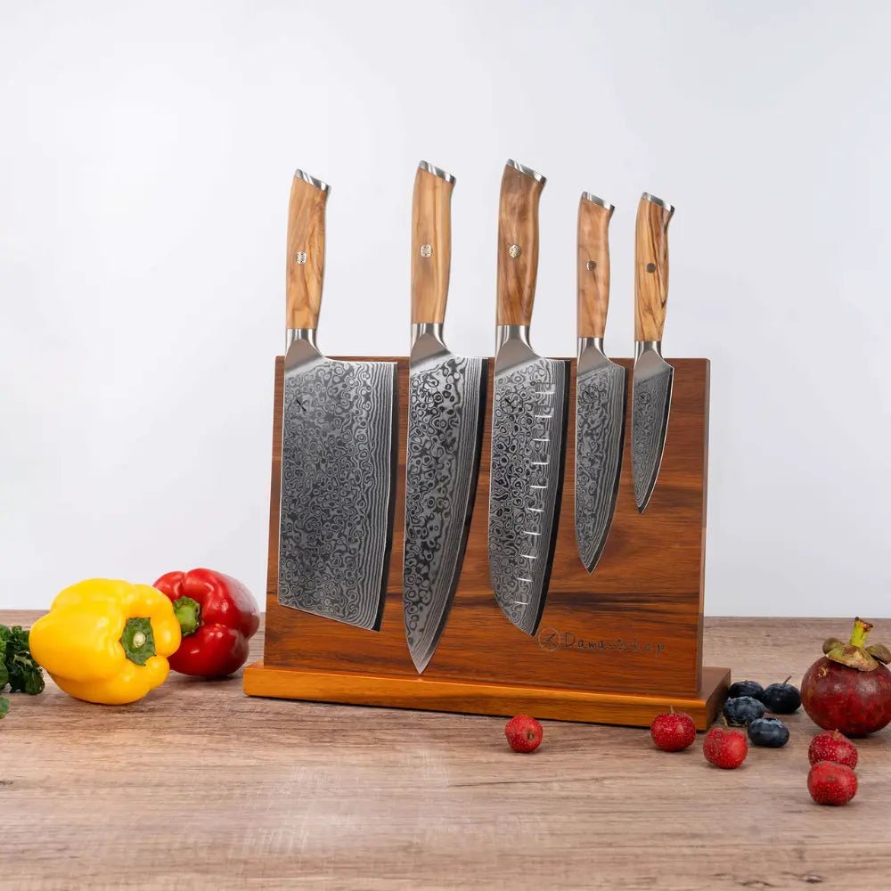 Damast Messer 5er Geschenkset Olive mit Messerbrett damastop.shop - Damastshop