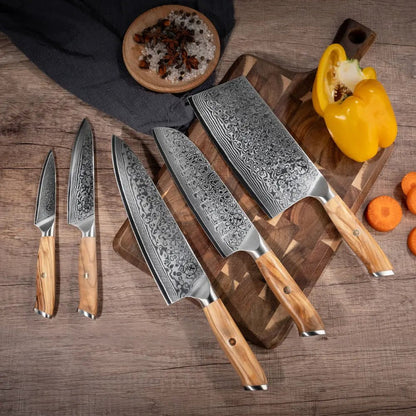 Damast Messer 5er Geschenkset Olive mit Messerbrett damastop.shop - Damastshop