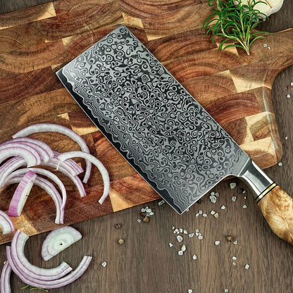 Damast Messer 5er Set Bergahorn im runden Akazien Messerblock mit Schere Draft damastop.shop - Damastshop