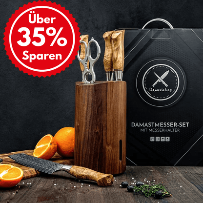 Damast Messer 5er Set Bergahorn im runden Akazien Messerblock mit Schere damastop.shop - Damastshop