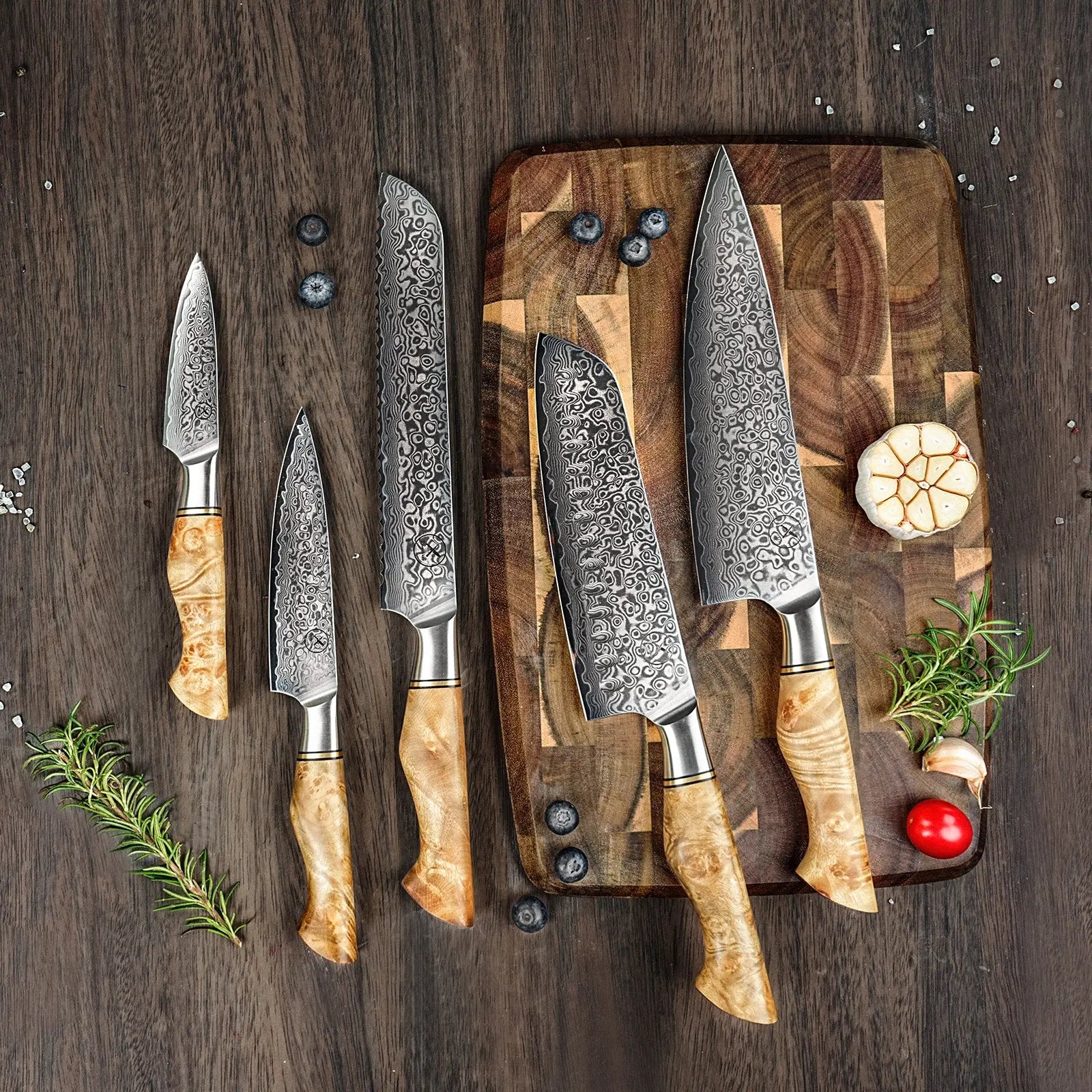 Damast Messer 5er Set Bergahorn im runden Akazien Messerblock mit Schere Draft damastop.shop - Damastshop