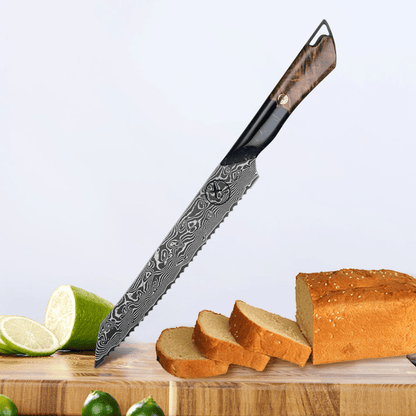 Dark Black Damast Brotmesser Wurzelholz Epoxy damastop.shop - Damastshop