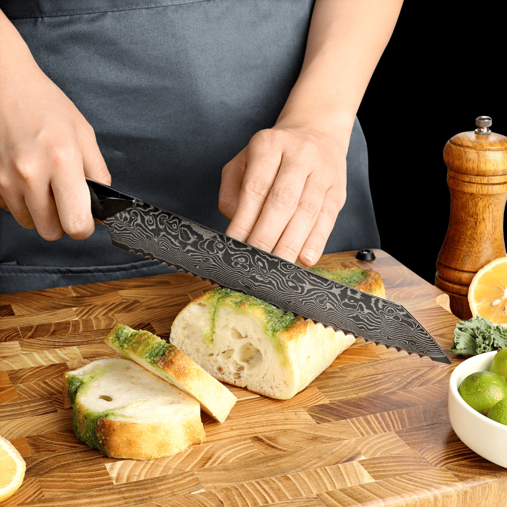 Dark Black Damast Brotmesser Wurzelholz Epoxy damastop.shop - Damastshop
