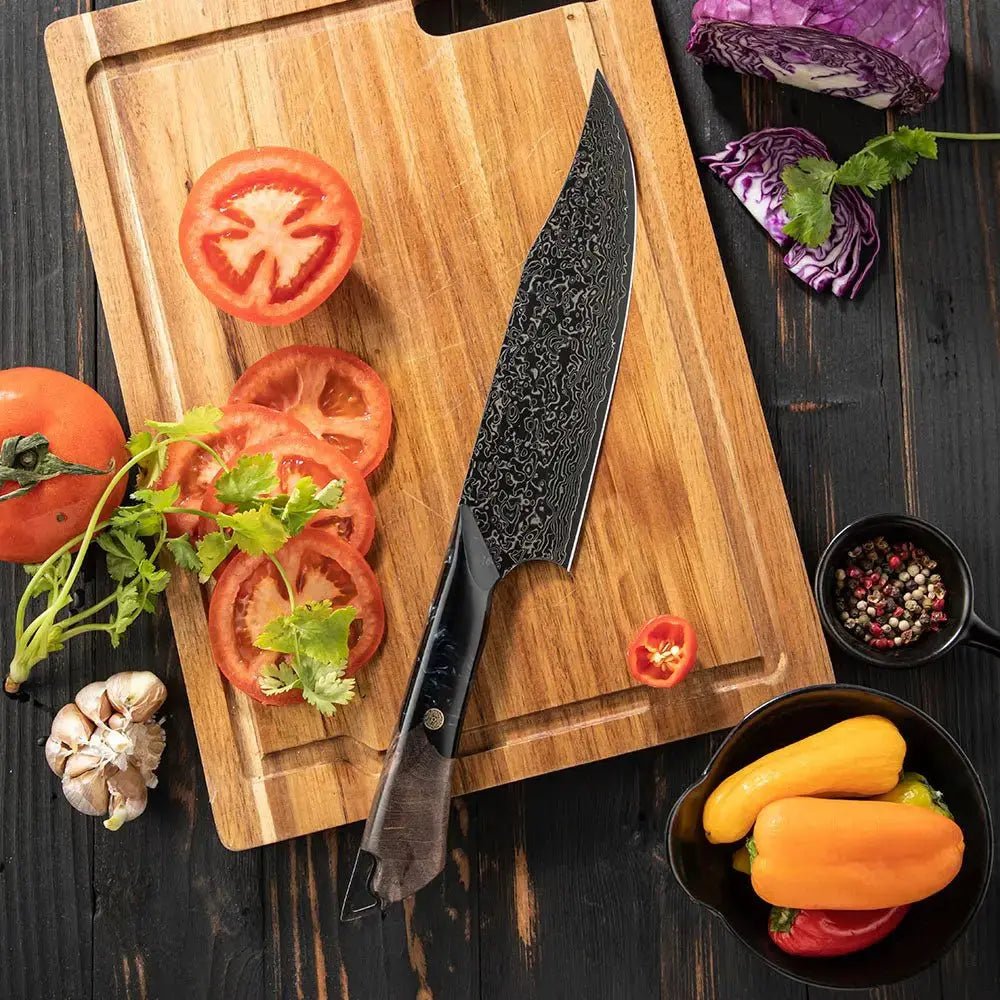 Dark Black Damast Chefmesser Wurzelholz Epoxy damastop.shop - Damastshop