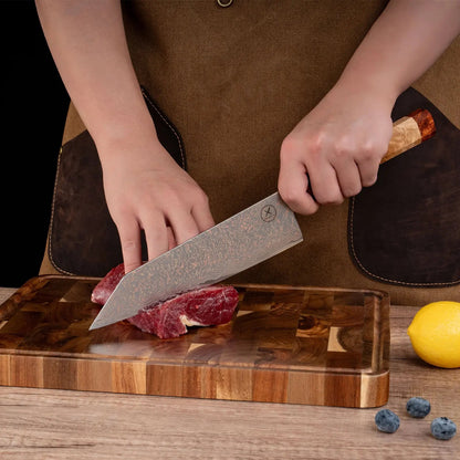 Dreifarbiges Kupfer-Damast Bunka Messer  Bergahorn und Padauk Wurzelholz damastop.shop - Damastshop