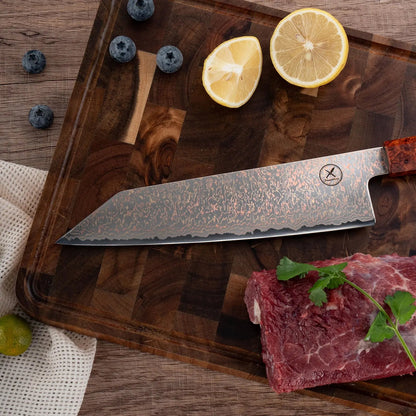 Dreifarbiges Kupfer-Damast Bunka Messer  Bergahorn und Padauk Wurzelholz damastop.shop - Damastshop