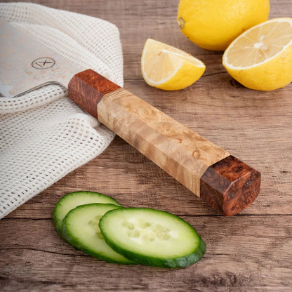 Dreifarbiges Kupfer-Damast Chefmesser Bergahorn und Padauk Wurzelholz damastop.shop - Damastshop