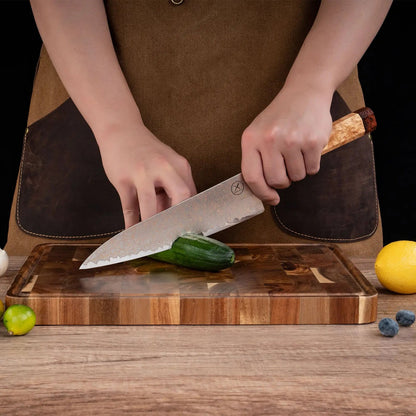 Dreifarbiges Kupfer-Damast Chefmesser Bergahorn und Padauk Wurzelholz damastop.shop - Damastshop