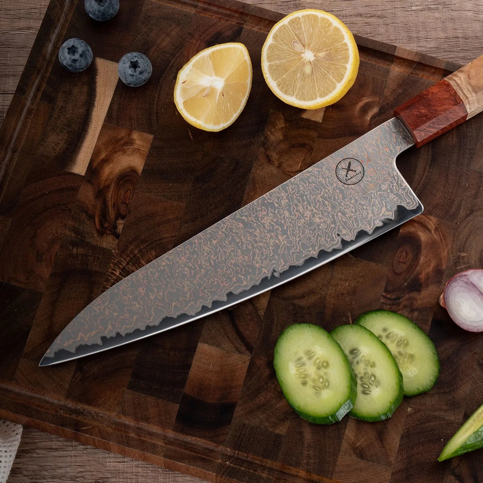 Dreifarbiges Kupfer-Damast Chefmesser Bergahorn und Padauk Wurzelholz damastop.shop - Damastshop