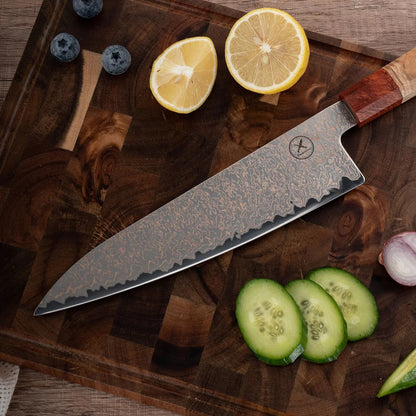Dreifarbiges Kupfer-Damast Chefmesser Bergahorn und Padauk Wurzelholz damastop.shop - Damastshop