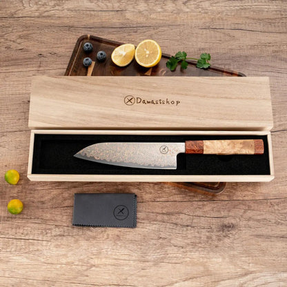 Dreifarbiges Kupfer-Damast Santoku Bergahorn und Padauk Wurzelholz damastop.shop - Damastshop