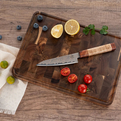 Dreifarbiges Kupfer-Damast Universalmesser  Bergahorn und Padauk Wurzelholz damastop.shop - Damastshop