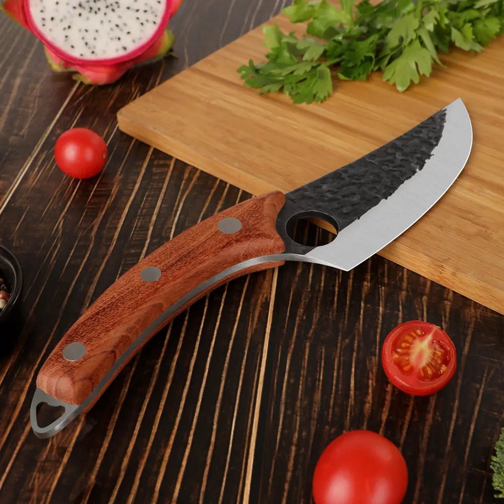 Gebogenes Outdoor Universalmesser Handschmiedeoptik damastop.shop - Damastshop